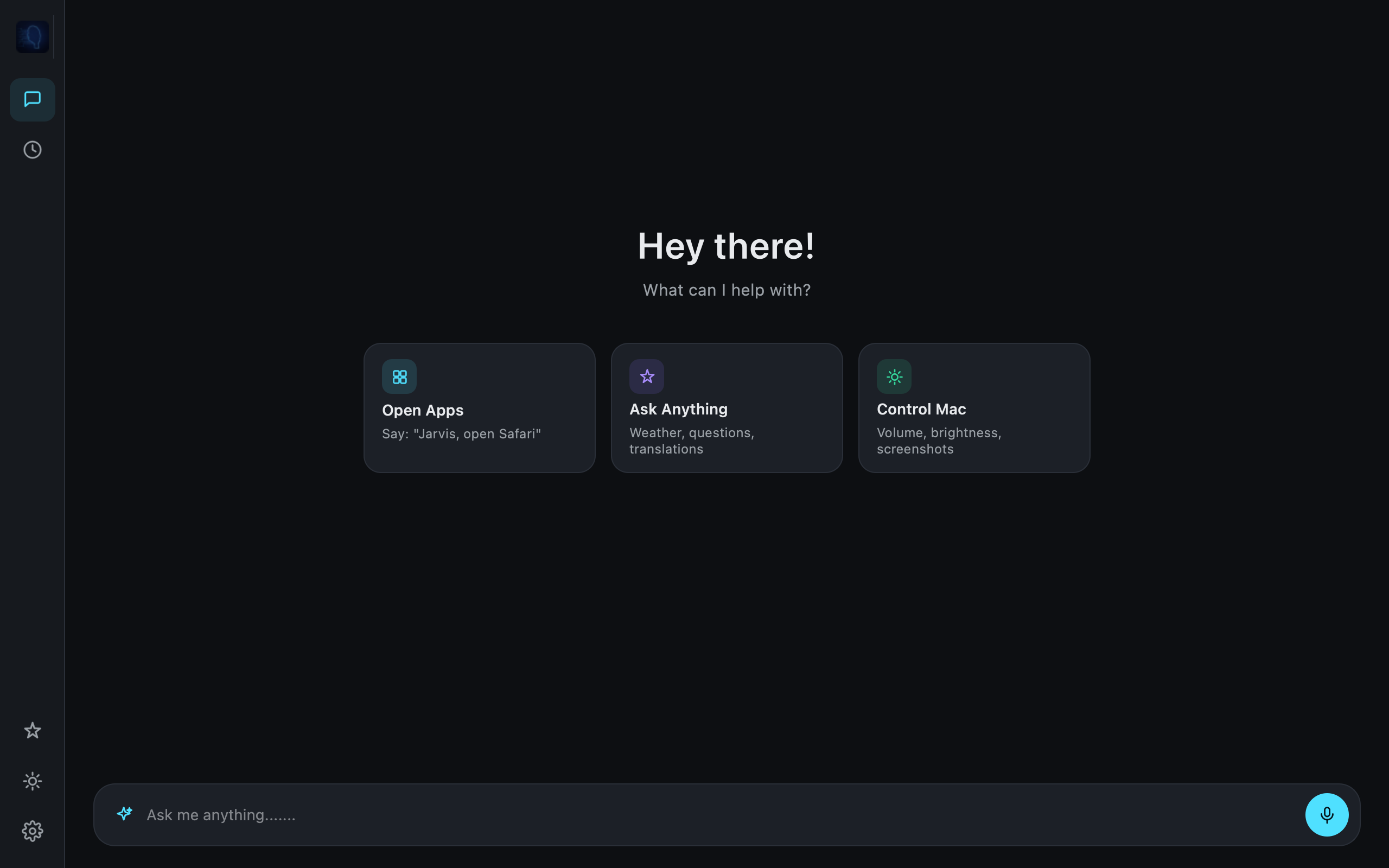 Jarvis home — greeting with suggestion cards, dark theme