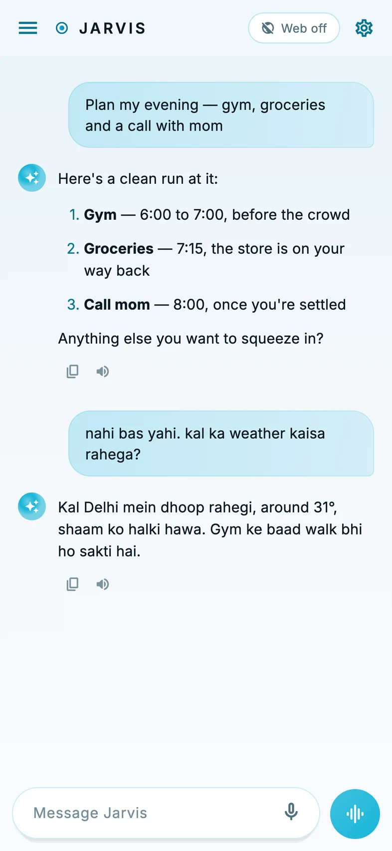 Jarvis chat on Android — planning an evening, then answering in Hinglish